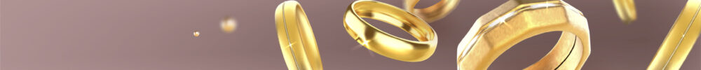 Floating golden wedding bands Floating golden wedding bands on brown backdrop. Elegant metallic rings flying in different angles. Geometric jewelry pieces with smooth surfaces and gleaming details for bridal jewelry presentation.